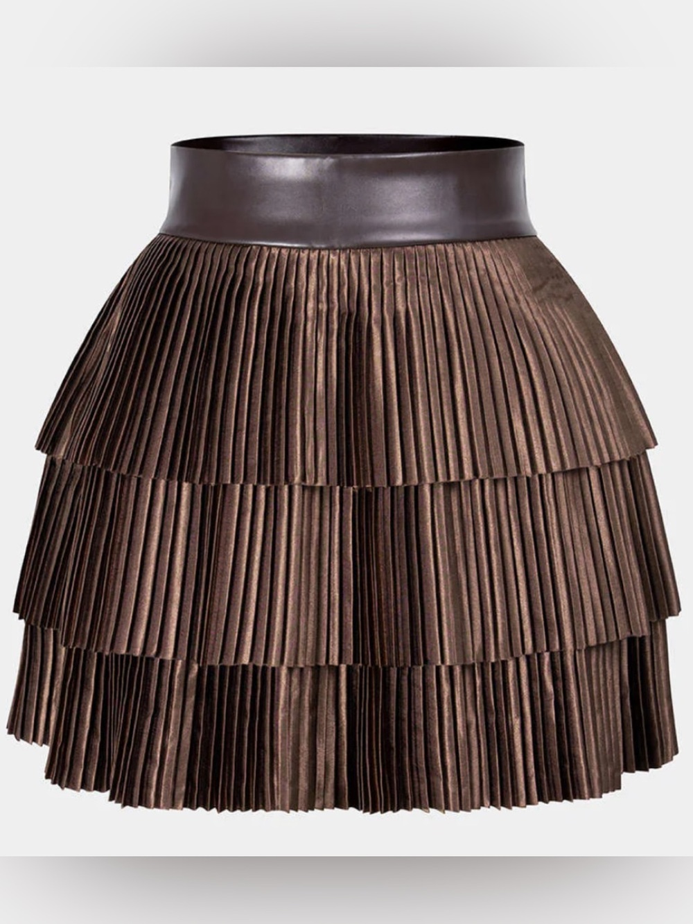 Tiered Pleated Faux Leather Mini Skirt - Brown